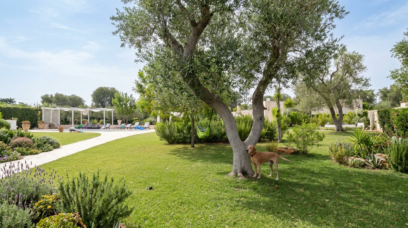 Giardino curato da EasyGarden con un cane sotto un albero